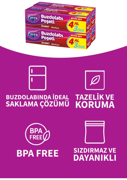 Buzdolabı Poşeti Büyük Boy 4 Al 3 Öde (4*20) 30 x 45 Cm 12 Paket 1 Koli indirimleri