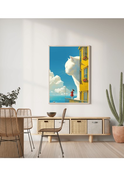 Kedi ve Kız Illüstrasyonu Masalsı Duvar Posteri/Çerçevesiz - 50X70