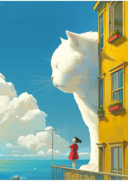 Kedi ve Kız Illüstrasyonu Masalsı Duvar Posteri/Çerçevesiz - 50X70 fiyatları