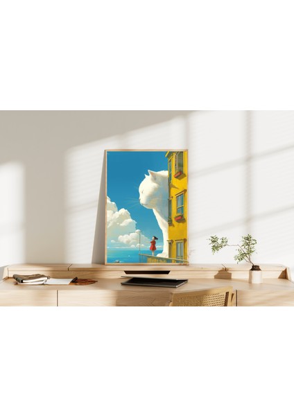 Kedi ve Kız Illüstrasyonu Masalsı Duvar Posteri/Çerçevesiz - 50X70 modelleri