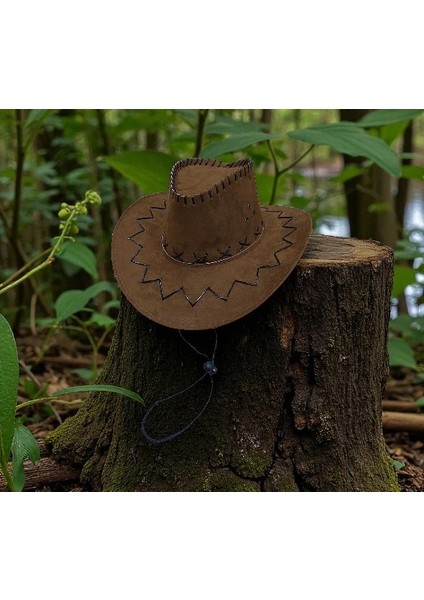 Bağcıklı Kahverengi Garson Boy Küçük Model Nubuk Kovboy Şapkası