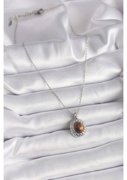 316L Çelik Gümüş Renk Zincir Kehribar Boncuk Model Kadın Kolye fiyatları