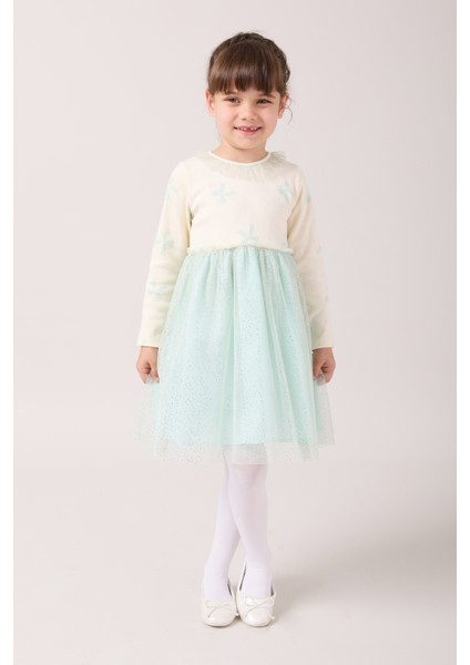 Fiyonk Baskılı Yaka Detaylı Tüllü Kız Çocuk Elbise