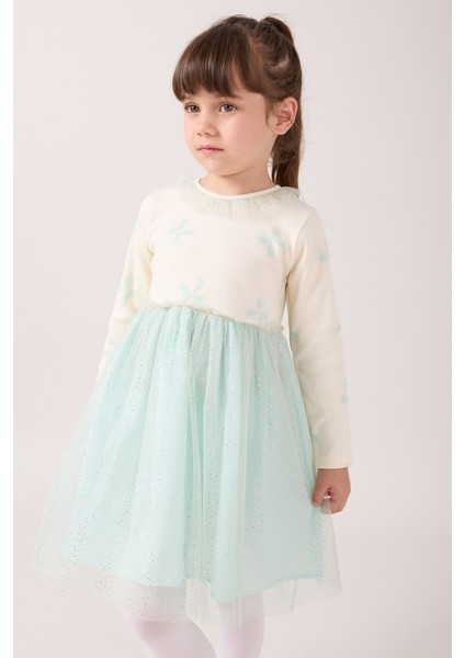 Fiyonk Baskılı Yaka Detaylı Tüllü Kız Çocuk Elbise fırsatları