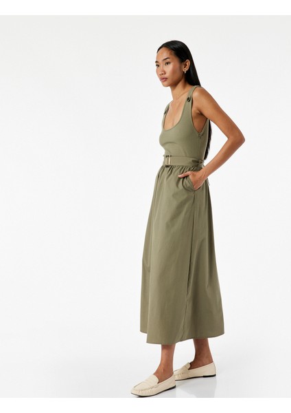 Iki Farklı Kumaş Kullanımlı A Kesim Kemerli Kalın Askılı Midi Boy Poplin Elbise fiyatları