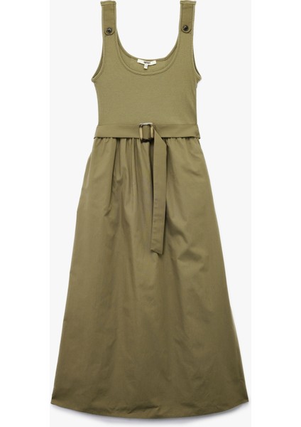 Iki Farklı Kumaş Kullanımlı A Kesim Kemerli Kalın Askılı Midi Boy Poplin Elbise modelleri