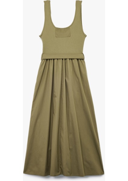 Iki Farklı Kumaş Kullanımlı A Kesim Kemerli Kalın Askılı Midi Boy Poplin Elbise fırsatları