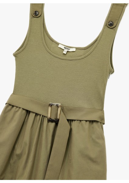 Iki Farklı Kumaş Kullanımlı A Kesim Kemerli Kalın Askılı Midi Boy Poplin Elbise indirimleri