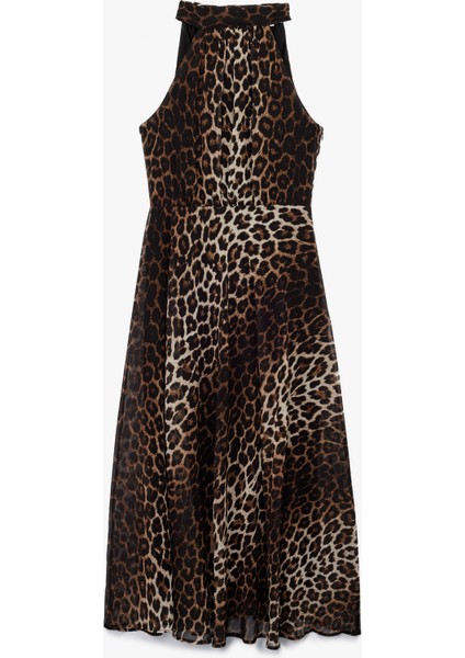 Krep Kumaş Kolsuz Halter Yaka Midi Boy Leopar Desenli Elbise