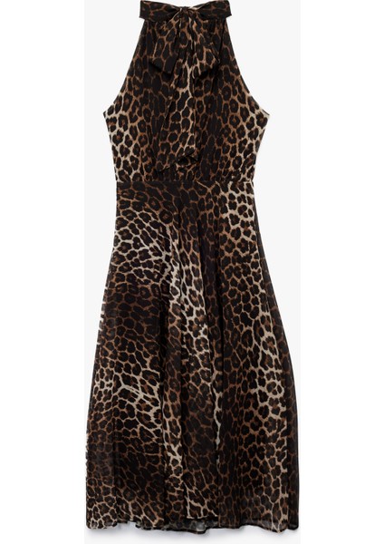 Krep Kumaş Kolsuz Halter Yaka Midi Boy Leopar Desenli Elbise fiyatları