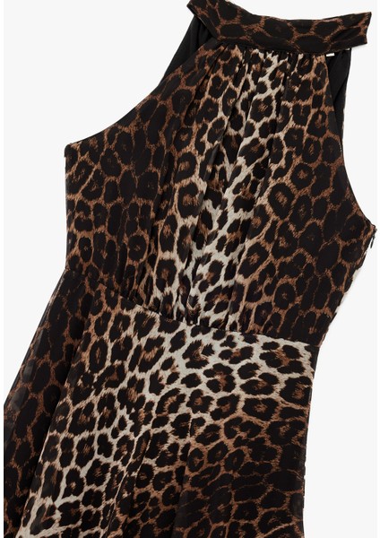 Krep Kumaş Kolsuz Halter Yaka Midi Boy Leopar Desenli Elbise modelleri
