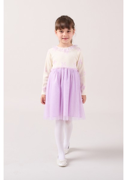 Fiyonk Baskılı Yaka Detaylı Tüllü Kız Çocuk Elbise