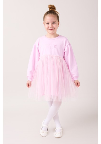 Fiyonk Nakış Detaylı Tüllü Kız Çocuk Elbise