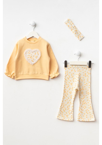 Kalp Detaylı Çiçek Baskılı Taytlı Bandanalı Kız Bebek Alt Üst Takım