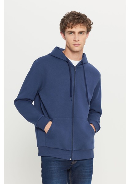Erkek Lacivert Standart Fit Normal Kesim Içi Polarlı 3 Iplik Kapüşonlu Fermuarlı Sweatshirt Ceket