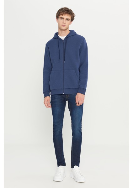 Erkek Lacivert Standart Fit Normal Kesim Içi Polarlı 3 Iplik Kapüşonlu Fermuarlı Sweatshirt Ceket fiyatları
