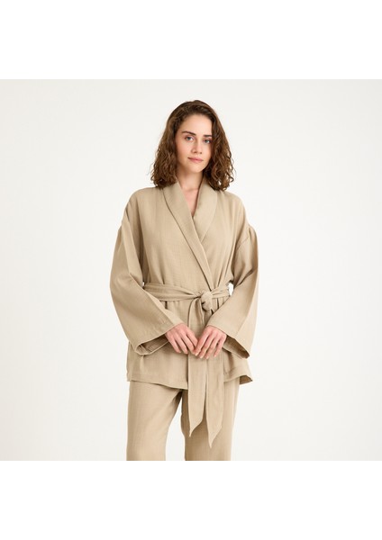 %100 Pamuk Şal Yaka Kadın Müslin Kimono