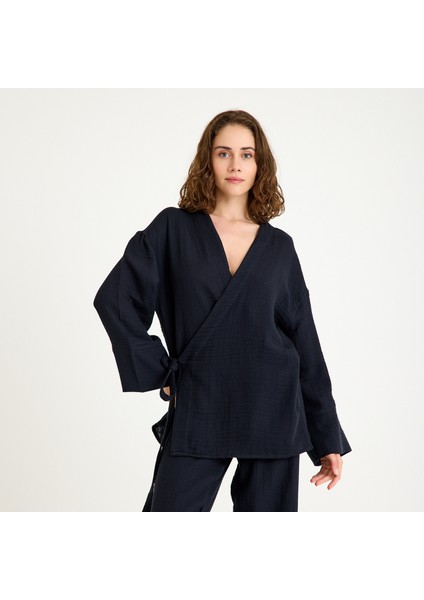 %100 Pamuk Içten Bağlamalı Kruvaze Kadın Müslin Kimono