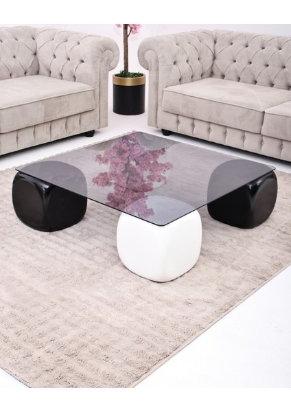 Modern Orta Sehpa & Küre Sehpa & Top Sehpa & Füme Kare Cam & 2 Siyah Zar - 2 Beyaz Zar fiyatları