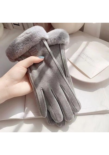 Kadın Kadife Kalınlaştırılmış Sıcak Iç Dokunmatik Ekran Kadife Soğuğa Dayanıklı Bisiklet Eldiveni - Bej (Yurt Dışından)