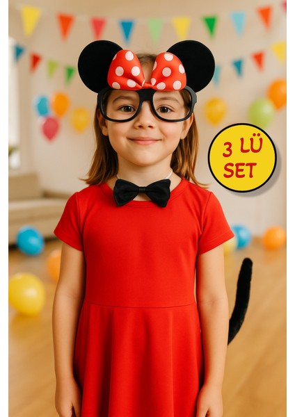 Minnie Mouse 3’lü Parti Kostüm Seti – Gözlük, Papyon ve Kuyruk Aksesuarları