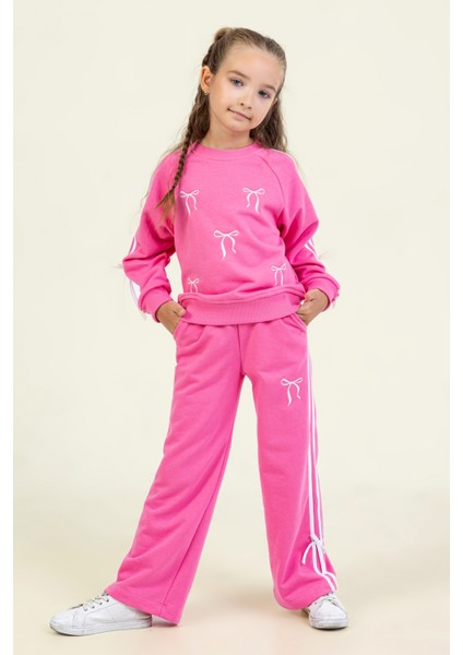 Kız Çocuk Fiyonk Desenli Eşofman Takımı Yanları Şeritli Beli Lastikli Rahat Kalıp