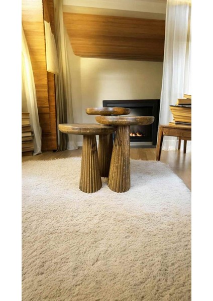 Tütün Renk Masif Ahşap Mantar Sehpa Seti – 3’lü Doğal Zigon Sehpa Takımı