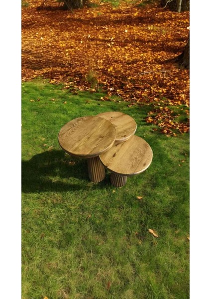 Tütün Renk Masif Ahşap Mantar Sehpa Seti – 3’lü Doğal Zigon Sehpa Takımı fiyatları