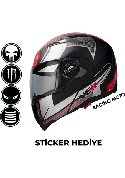 Çene Açılır Kask Kırmızı (Ece Belgeli) Sticker Hediyeli