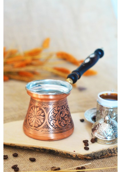 Bakır Cezve Sedef Kulplu Oyma Nakış İşleme Bakır Renk 5 Kişilik fırsatları