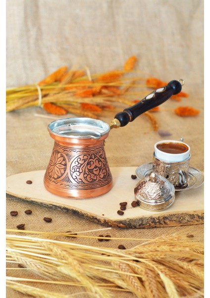 Bakır Cezve Sedef Kulplu Oyma Nakış İşleme Bakır Renk 3 Kişilk