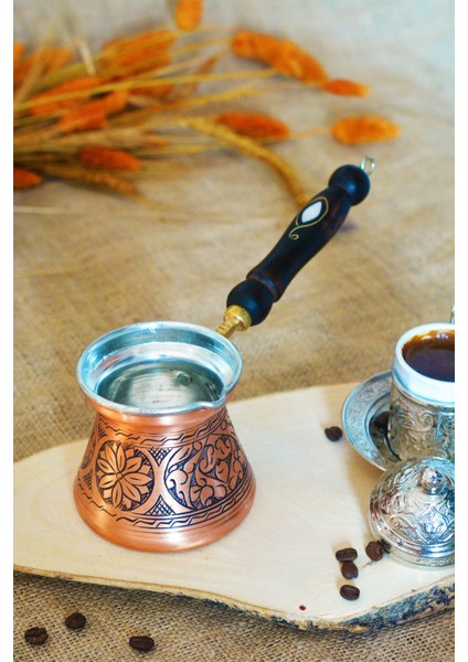 Bakır Cezve Sedef Kulplu Oyma Nakış İşleme Bakır Renk 3 Kişilk modelleri