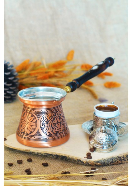 Bakır Cezve Sedef Kulplu Oyma Nakış İşleme Bakır Renk 7 Kişilik