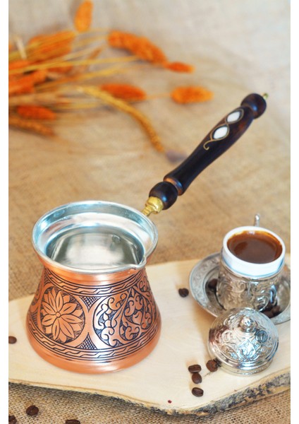 Bakır Cezve Sedef Kulplu Oyma Nakış İşleme Bakır Renk 7 Kişilik modelleri