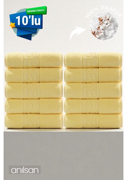 10'lu Sarı Greek El Havlusu - 50x90 Cm, 225gr, %100 Pamuk, Spa Ve Otel Havlusu, Günlük Kullanıma Uygun