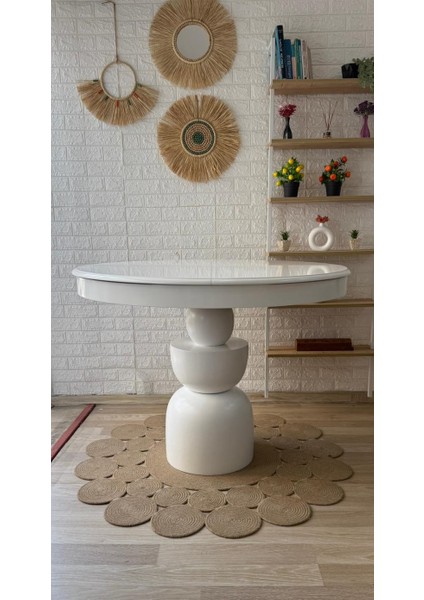 Concept Boğum Ayaklı Masa Ahşap Yuvarlak Beyaz Renkli Açılır Masa (Çap 110 Cm)
