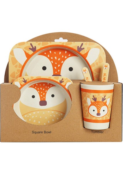Xınqıus 5 Adet/takım Karikatür Hayvan Tabak + Yay + Çatal + Bardak Bebek Yemek Takımı Besleme Seti Bambu Elyaf Bebek Güzel Çocuk Konteyner Sofra Seti Sika Geyik (Yurt Dışından)
