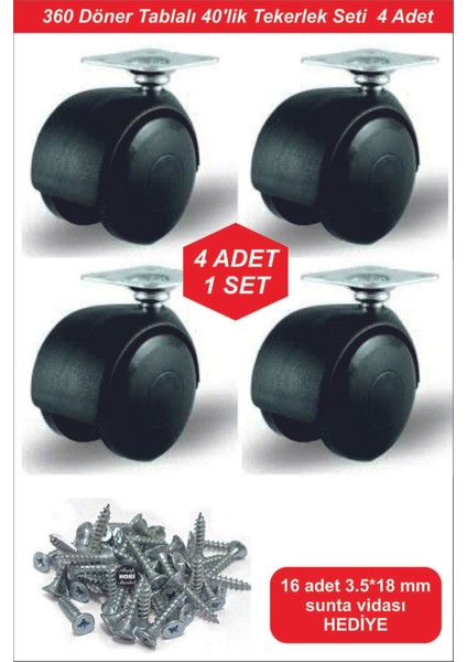 Oynar Tablalı Siyah Vidalanabilir Mobilya Tekerleği 40 mm | Dolap, Sehpa, Masa Ayağı Tekeri 4’lü Set