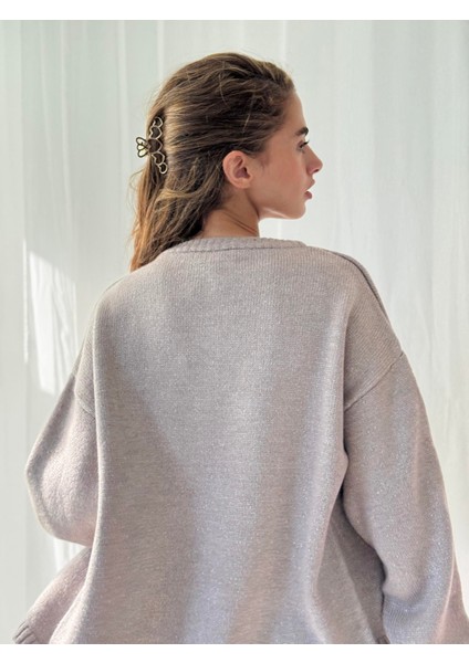 Kalp Düğmeli Simli Hırka Kadın Gri