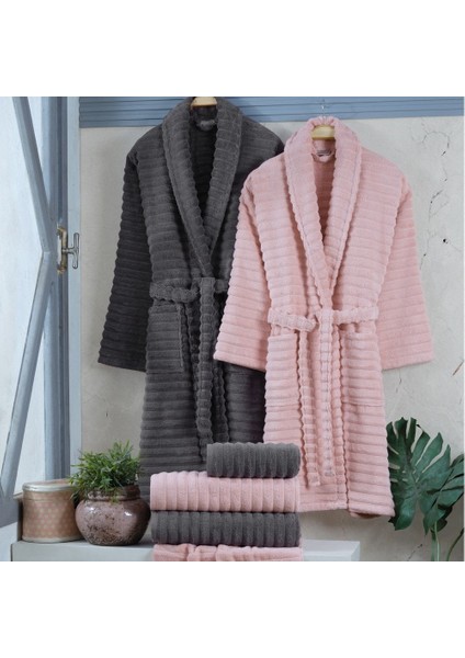Vedra - Pamuklu Bornoz Seti - Pudra Koyu Gri