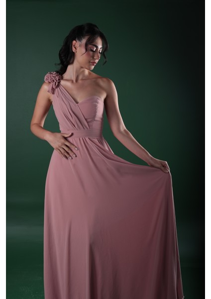 Kalp Yaka Çiçek Detaylı Şifon Tek Omuz Abiye Elbise