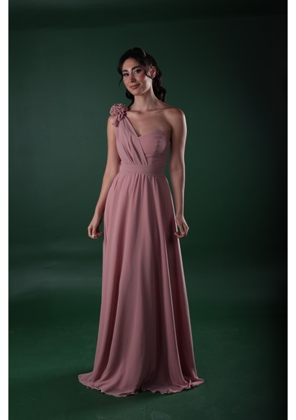 Kalp Yaka Çiçek Detaylı Şifon Tek Omuz Abiye Elbise fiyatları