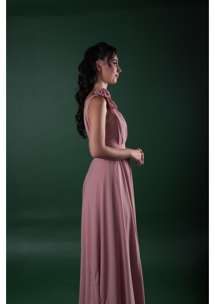 Kalp Yaka Çiçek Detaylı Şifon Tek Omuz Abiye Elbise fırsatları