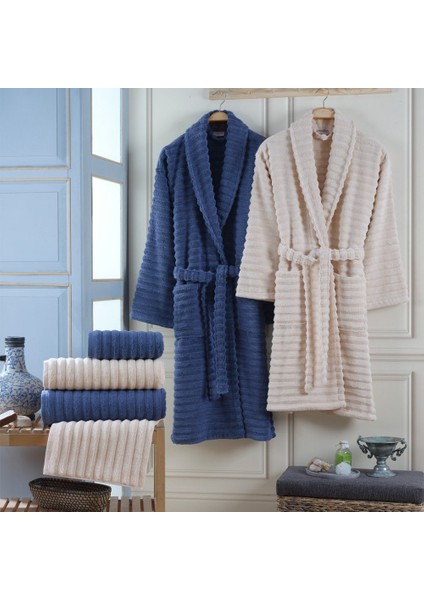 Vedra - Pamuklu Bornoz Seti - Kum Indigo Mavi