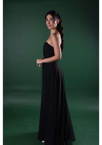 Kalp Yaka Çiçek Detaylı Şifon Tek Omuz Abiye Elbise fiyatları