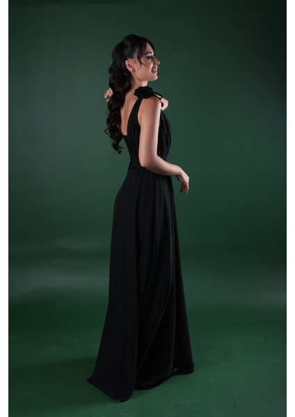 Kalp Yaka Çiçek Detaylı Şifon Tek Omuz Abiye Elbise modelleri