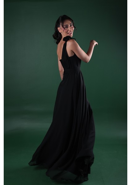 Kalp Yaka Çiçek Detaylı Şifon Tek Omuz Abiye Elbise indirimleri