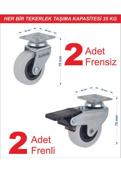 4 Adet Döner Tablalı 50'lik Masa Dolap Sehpa Raf Mobilya Tekeri 2 Adet Frenli - 2 Adet Frensiz