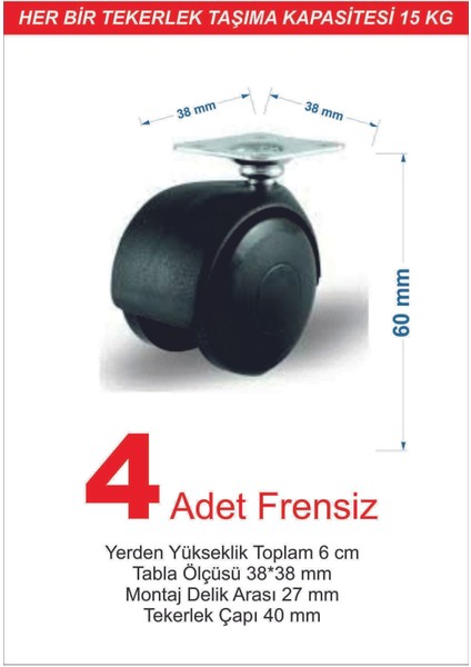 Tablalı Siyah Oynar Vidalı Mobilya Tekerleği 40 mm | Dolap, Sehpa, Masa Ayağı Tekeri 4’lü Set fiyatları