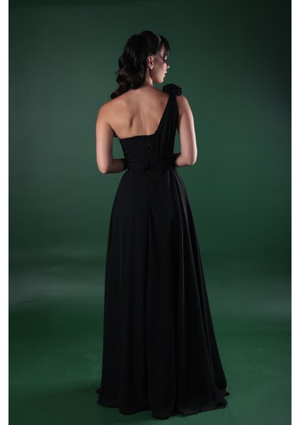 Kalp Yaka Çiçek Detaylı Şifon Tek Omuz Abiye Elbise fırsatları